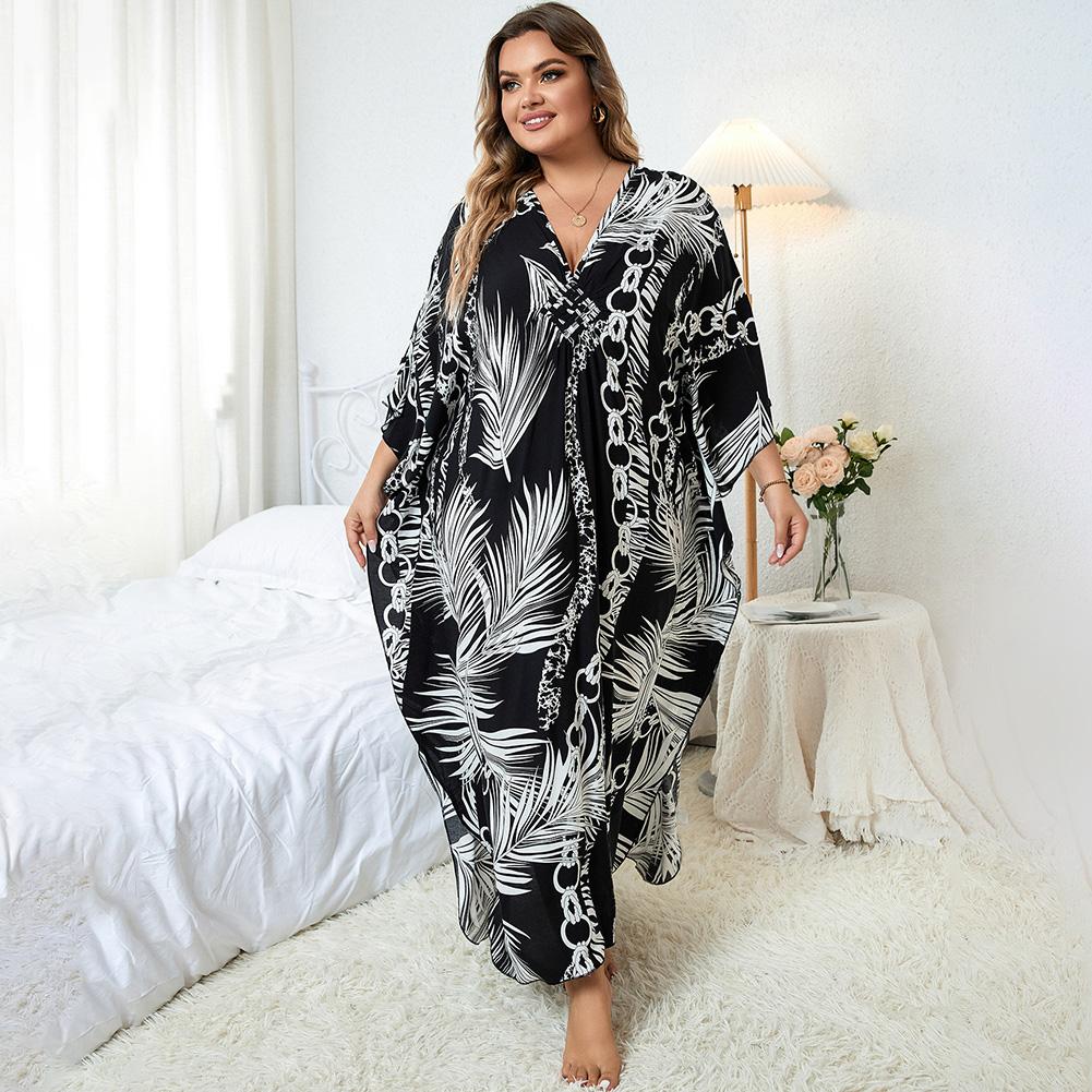 Bsubseach Women Ethnic Print Kaftan Dress ，Plus Size All Over Print  Sleeve TunicDress, Boho Casual V Neck 3/4 Sleeve TunicDress for Women, Women's Plus Cover Up,Mrs. Roper Kaftan ，bubu，mumu，Casual Womenswear Summer Bohemian Tangerine Hibiscus