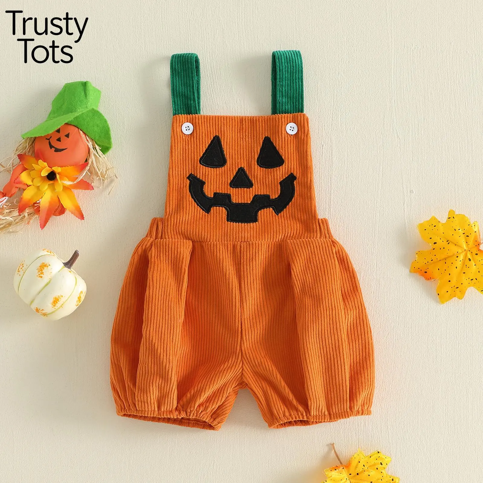 Toddler Baby Boy Girl Halloween Overalls With Pockets Ribbed Devil Face Pattern Sleeveless Jumpsuit Lantern Pants