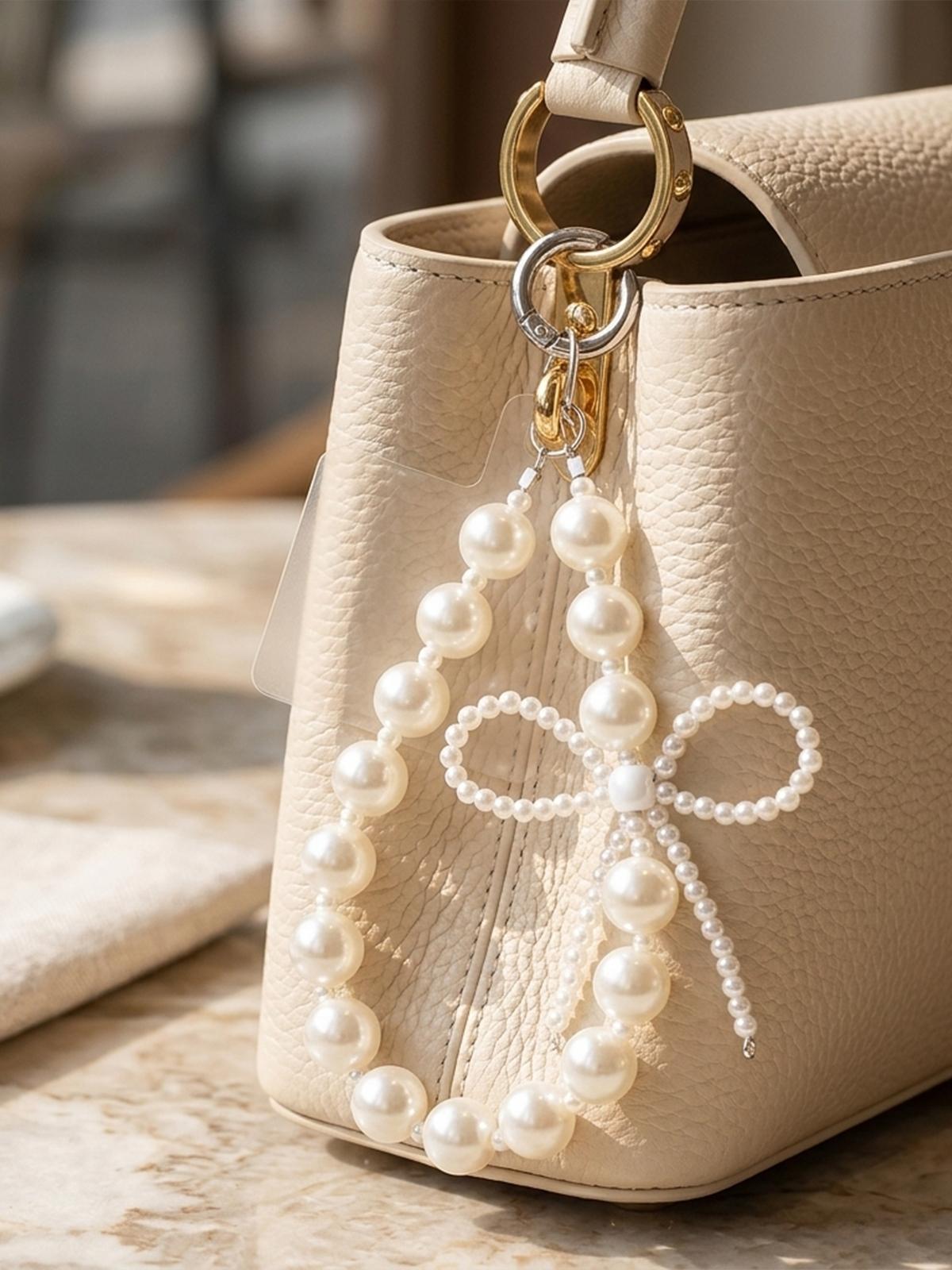 Elegant Pearl Bow Bag Charm & Phone Wristlet, Luxury Faux Pearl Handbag Pendant, Aesthetic Crystal Bow Keychain Accessory, Perfect Birthday Christmas Valentine's Day Gift for Women Girls, Trendy Bag Decor for Tote Backpack