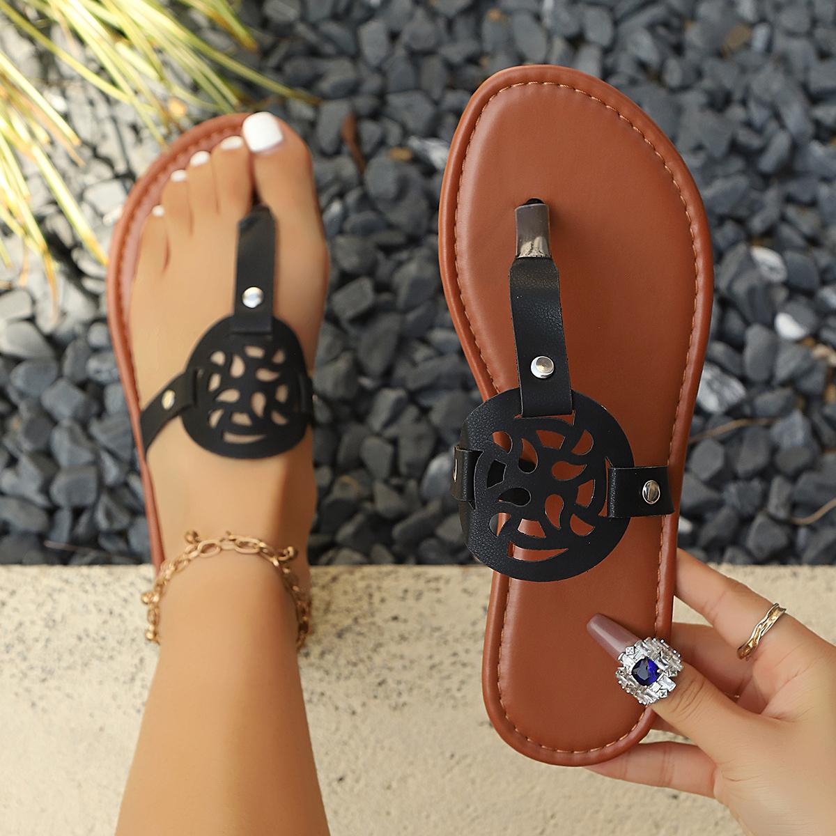 Women's Hollow-Out Cutout Flip-Flop Sandals, Strappy Summer Sandals, Summer New Flat Thong Slippers, Casual Versatile Beach Vacation Shoes