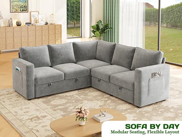 【4 Packages】83.5" Sectional Sleeper Sofa with Pull Out Couch, Modern 5 Seat L Shaped Modular Couch, Sectionals Modular Sofa with Storage, Comfy Sectional Couches for Living Room & Apartment