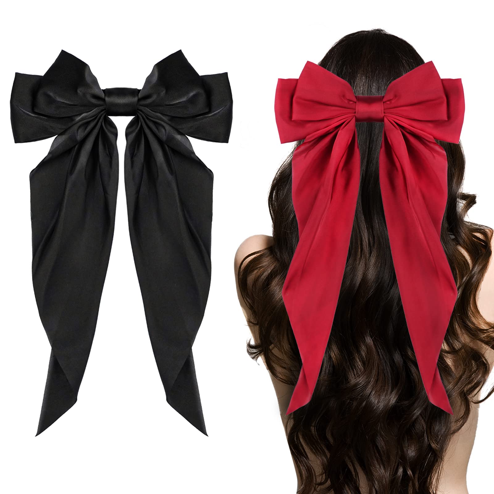 Big Bow Hair Accessories 2pcs - Long Tail French Satin Silky Barrettes for Women and Girls, Black, Burgundy, Red Bows for Birthday, Party, Show, hair clips Fashion Big Bow Hair Accessories 2pcs - Long Tail French Satin Silky Barrettes for Women and Girls, Black, Burgundy, Red Bows for Birthday, Party, Show, hair clips Fashion