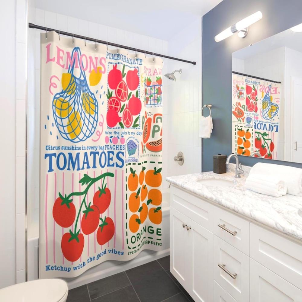 Fruit Shower Curtain Tomato Shower Curtain Unique Bathroom Decor Housewarming Lemon Farmer's Market Strawberry Oranges Blueberry Papaya