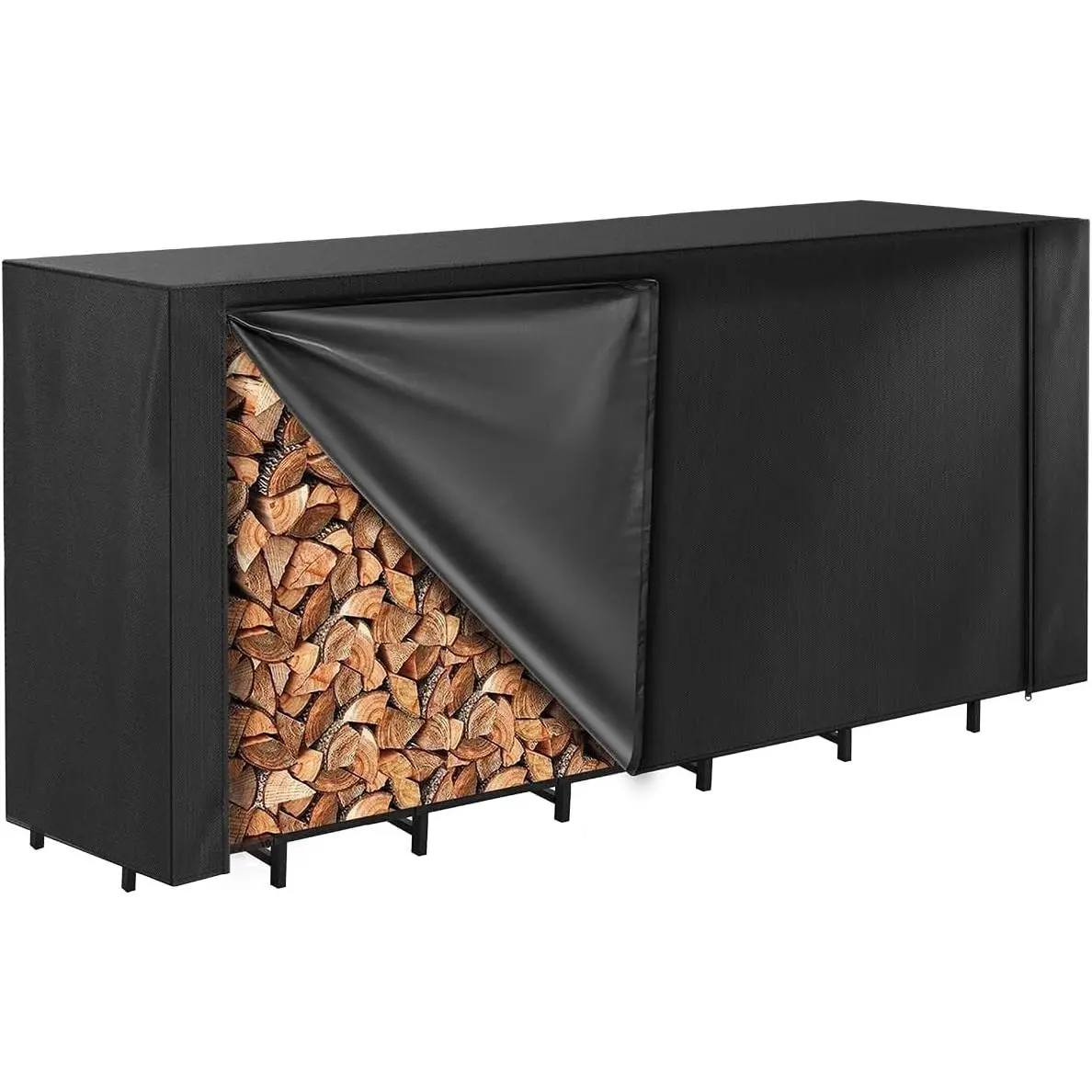 Firewood Rack Cover 8FT, Waterproof Firewood Rack Outdoor Cover with Full Front Zipper & Windproof Straps, Heavy Duty 600D Oxford Log Protector for All Seasons