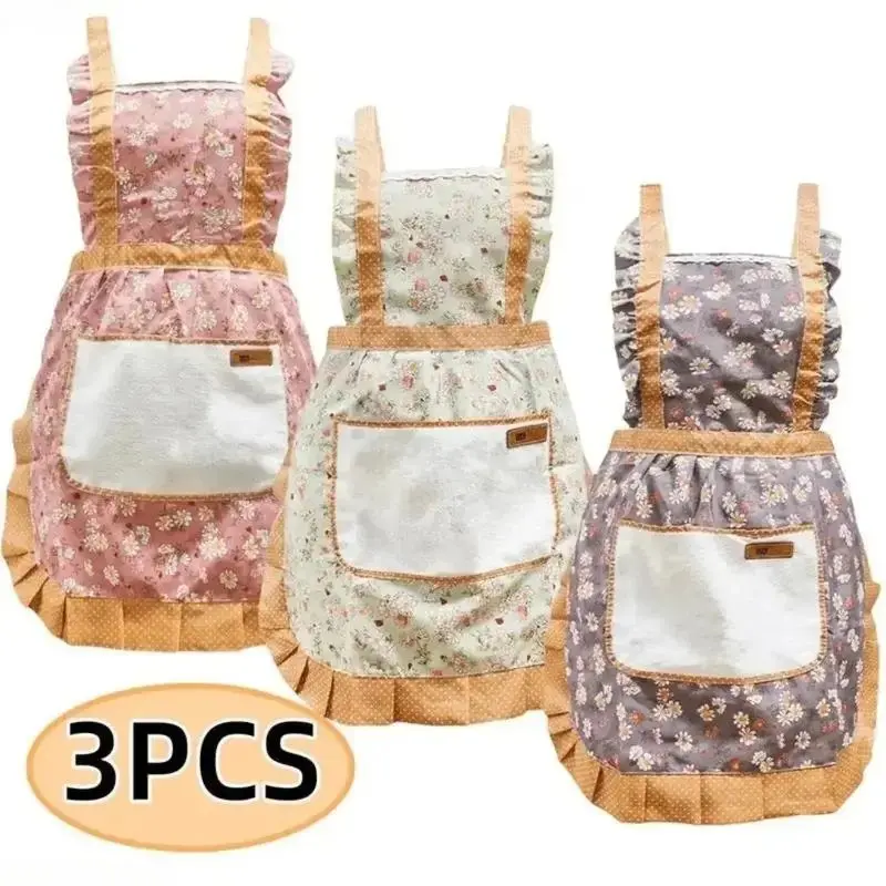 Women's 3-Pack Vintage Floral Cross-Back Aprons with Ruffle Trim - Adjustable, Comfortable Japanese Pinafore Kitchen Aprons with Front Pockets, Coral Fleece Hand Wipes, Cute Cottagecore Smock for Baking, Cleaning, Household Use, Ideal Gift