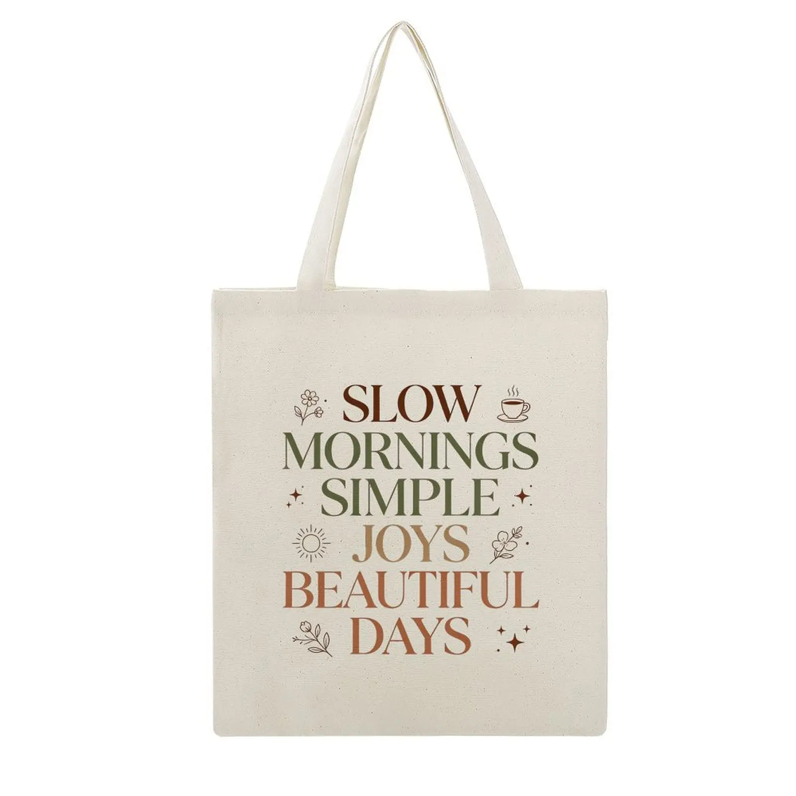 Canvas Tote Bag - 15.8x13.4in Cotton Blend Open Top Daily Use Bag, Boho "Slow Mornings Simple Joys Beautiful Days" Graphic Print Reusable Shoulder Tote for Party Gifts & Home Supplies, Daily Use Bags, Boho Quote
