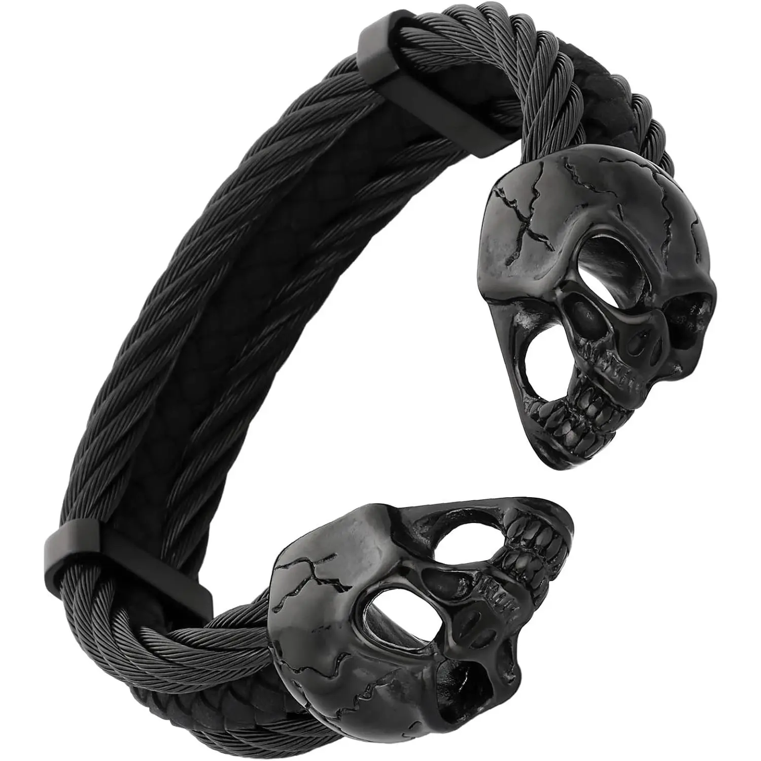 Men's Gothic Skull Bracelet Stainless Steel  and Leather Punk  Black Bangle, Open Cuff Design for Biker Rocker Gothic