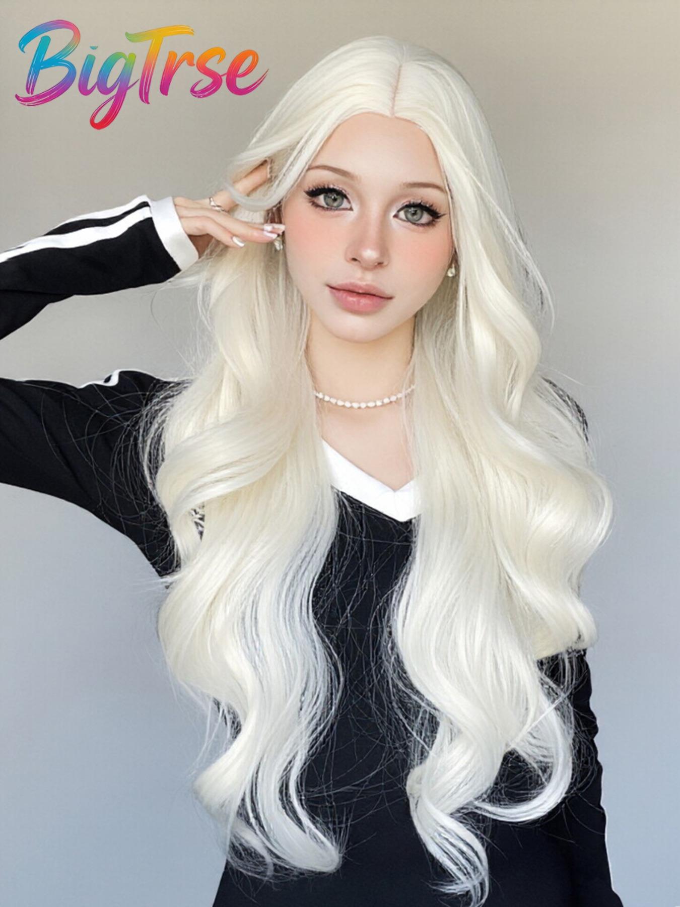 Bigtrse Women's 26-Inch Wavy Synthetic Wig, Platinum, Heat-Resistant Fiber, Natural Hairline, Perfect for Halloween, Parties, Daily Wear