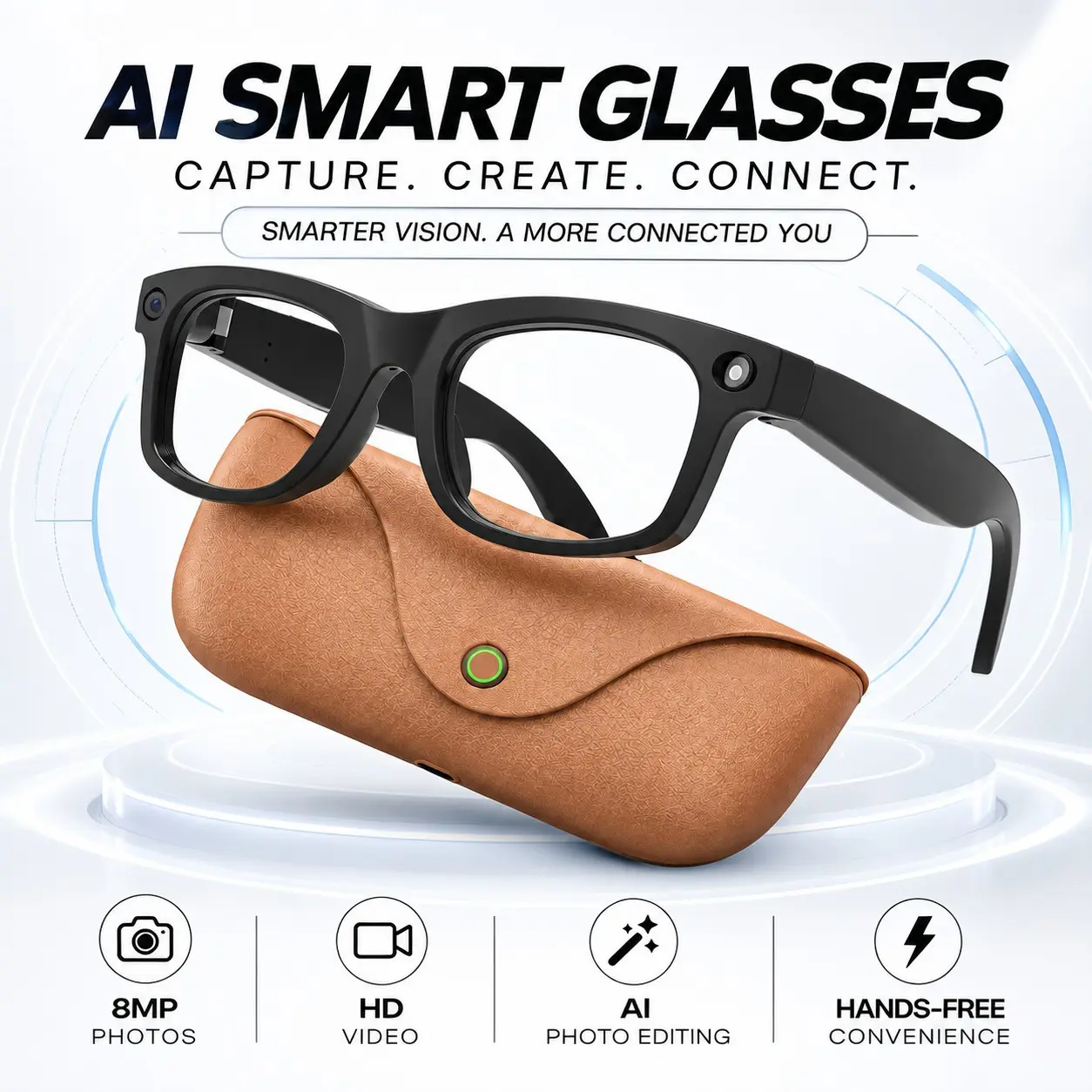 Men’s Sunglasses with Camera Smart Glasses, Hands-Free Video Recording, 8MP Camera, AI Translation, Bluetooth Call,Built-in Memory, 290mAh Battery, Music Control, IP65 Waterproof, AI Sports Glasses, Smart Wearable Glasses