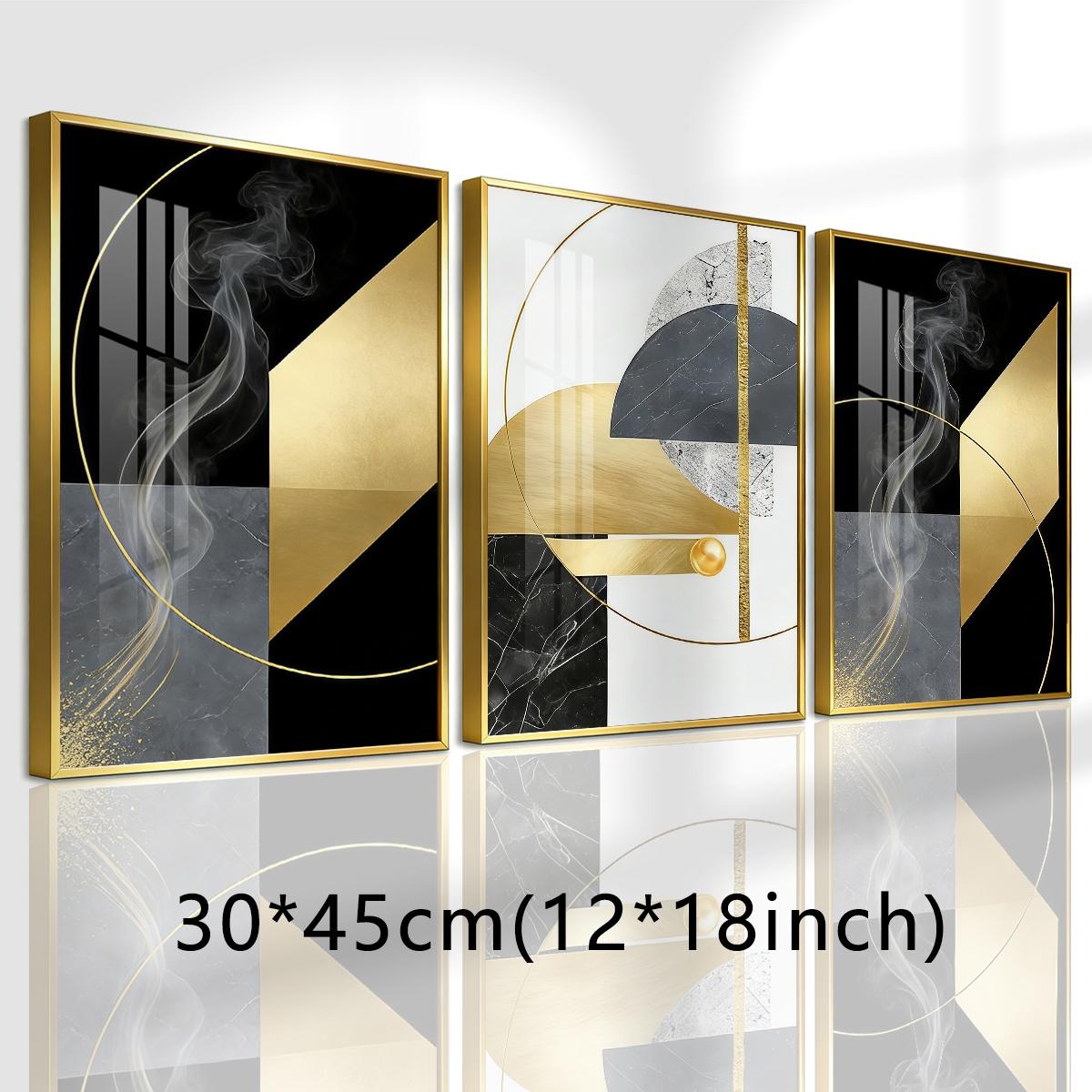 3 Counts Aluminum Alloy Framed Painting, Abstract Geometric Gold And Black Art Pictures, Home Decoration For Living Room, Bedroom, Office, Restaurant, Hallway Wall Decor, Odorless Print Artwork, Luxury Perfect Gift For Friends And Family