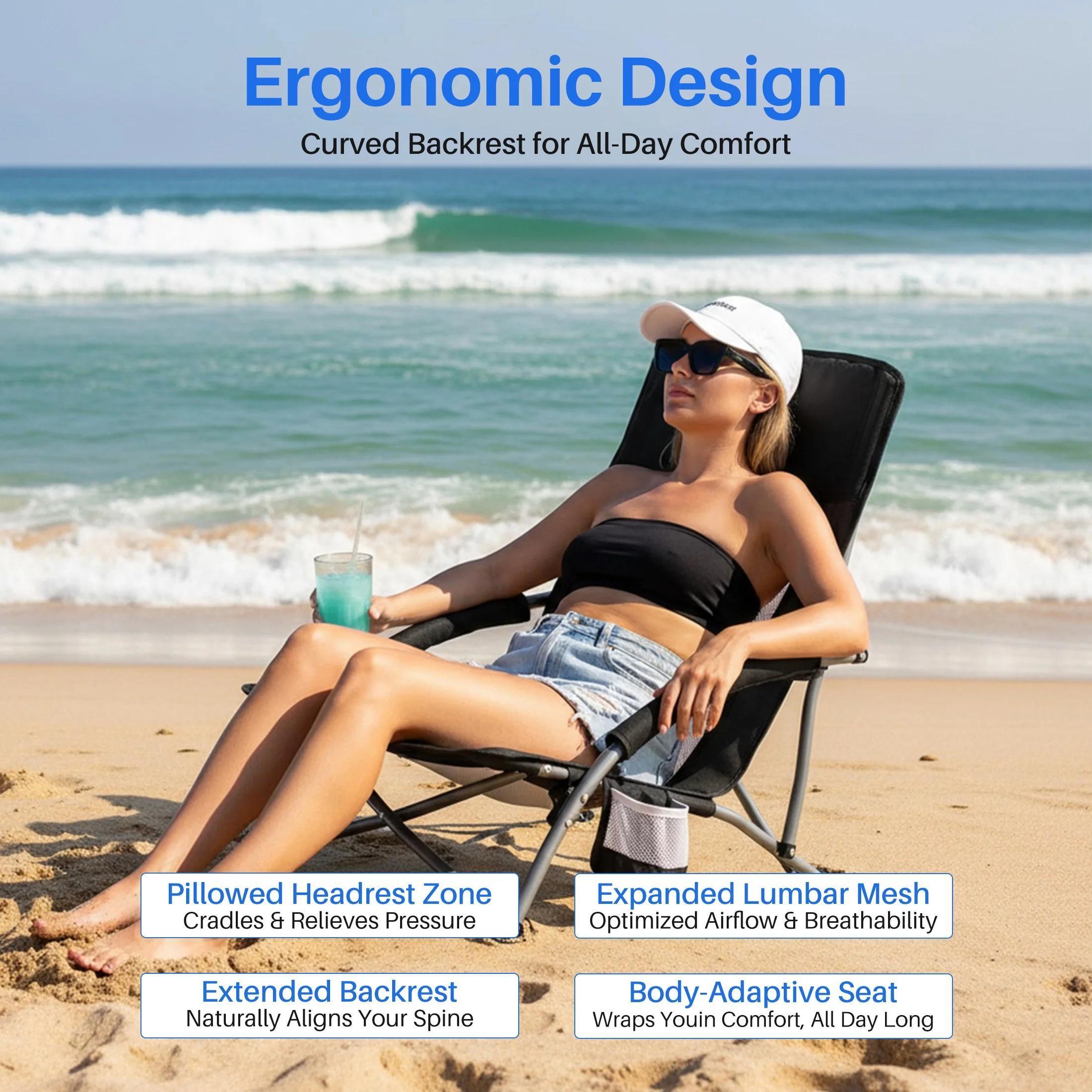 Heavy-Duty Portable Folding Camping Chair with Mesh Ventilated Backrest, Side Storage Pockets, Built-In Cup Holder and Integrated Backpack, Lightweight Foldable Outdoor Chair for Camping, Hiking, Picnics and Beach Trips