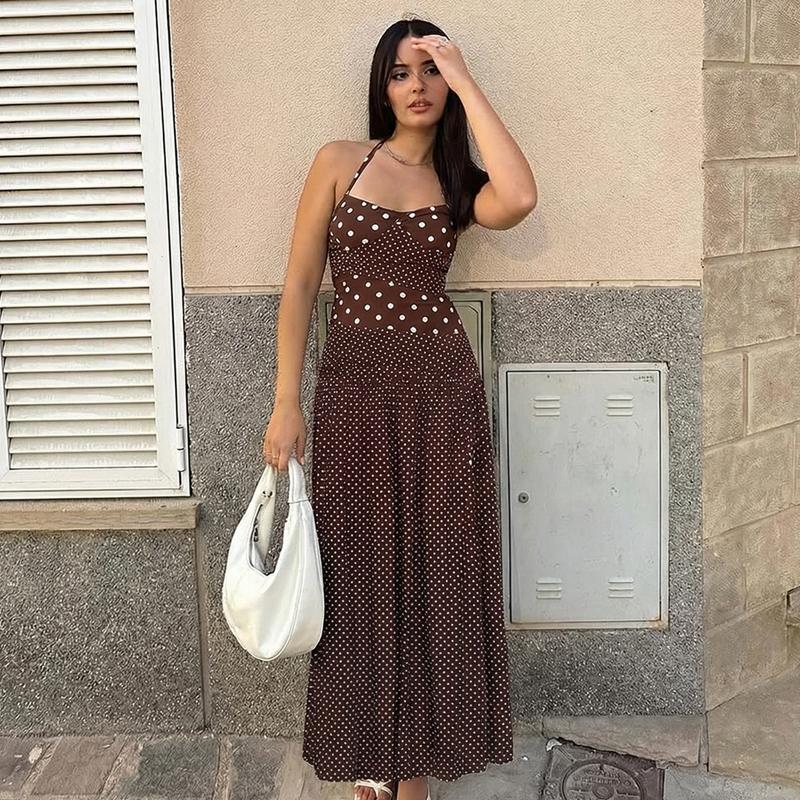 Women's Polka Dot Print Tie-neck Halter Dress, Bust Twisted Ruched Sleeveless Backless A-line Slip Dress, Party Club Date Holiday Beach Vacation Daily Casual Sweet Cami Maxi Long Dresses For Ladies Summer Fashion Clothes Wear