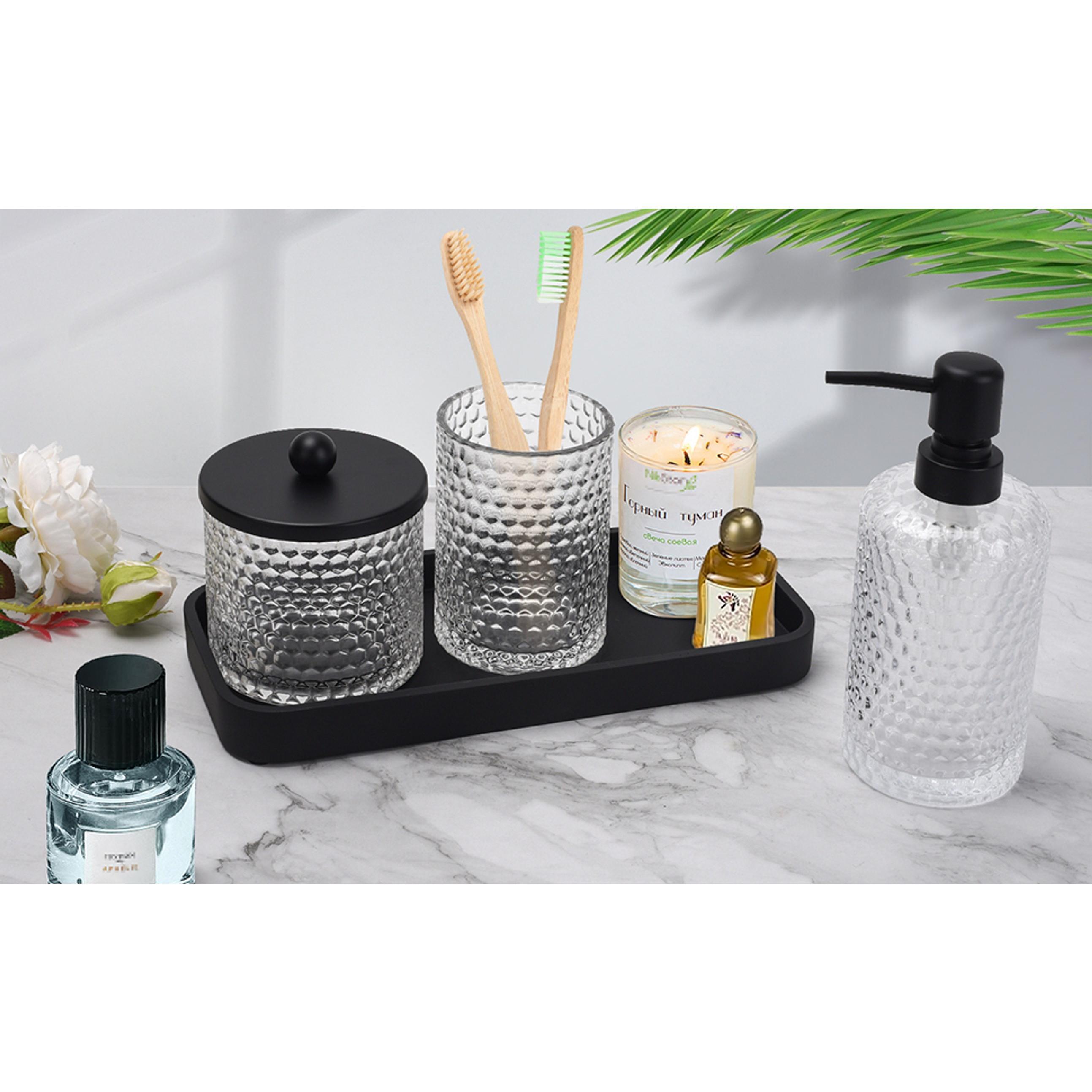 Bathroom Accessory Set,4 Pcs Clear Glass Bathroom Accessories Set-Lotion Soap Dispenser,Toothbrush Holder,Qtip Holder Dispenser & Resin Vanity Tray,Countertop Vanity Organizer,Crystal Clear