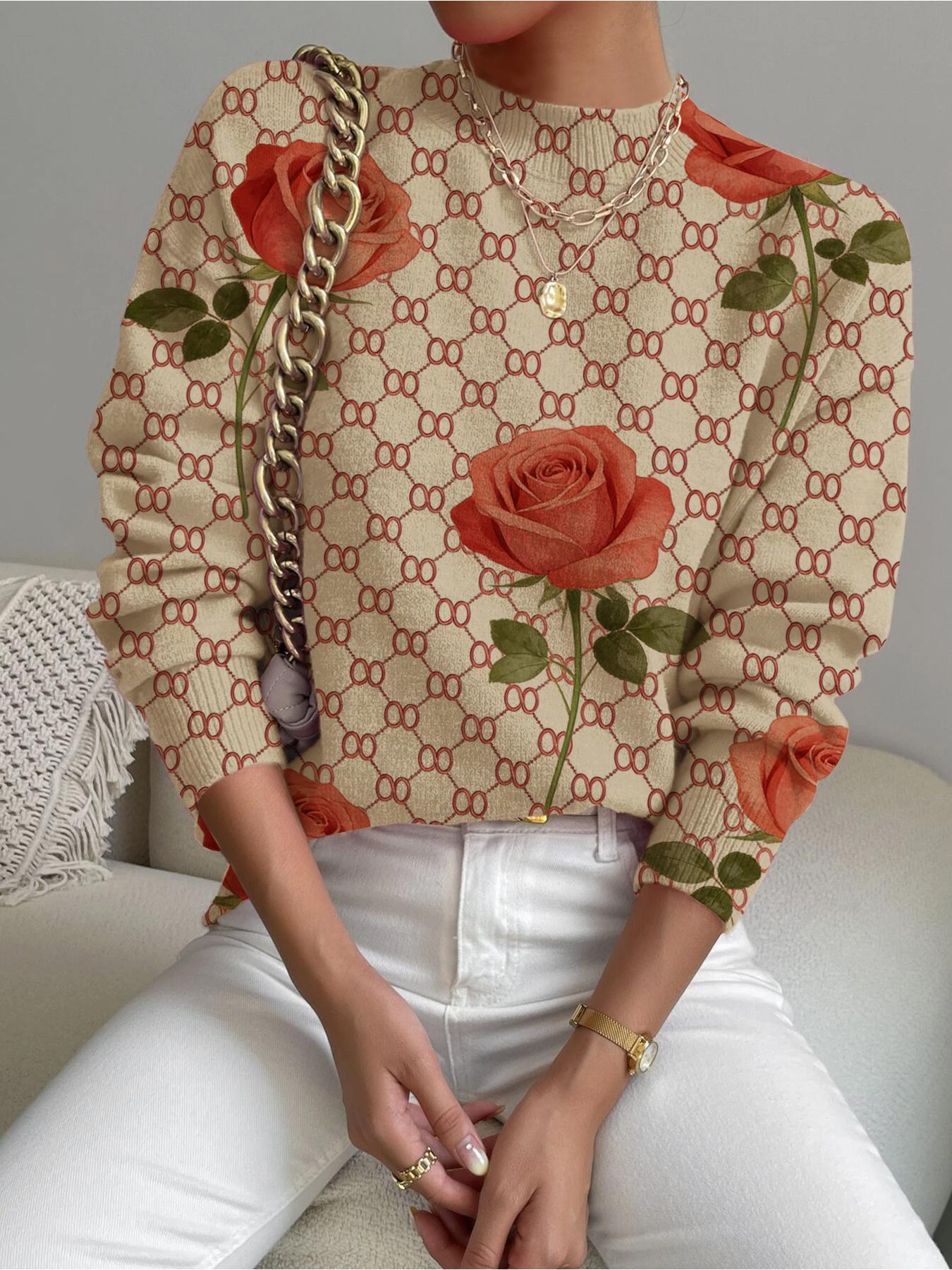 Women's Geometric Floral Print Stand Collar Sweater, Casual Long Sleeve Knitwear for Fall Winter, Comfortable Warm Daily Wear