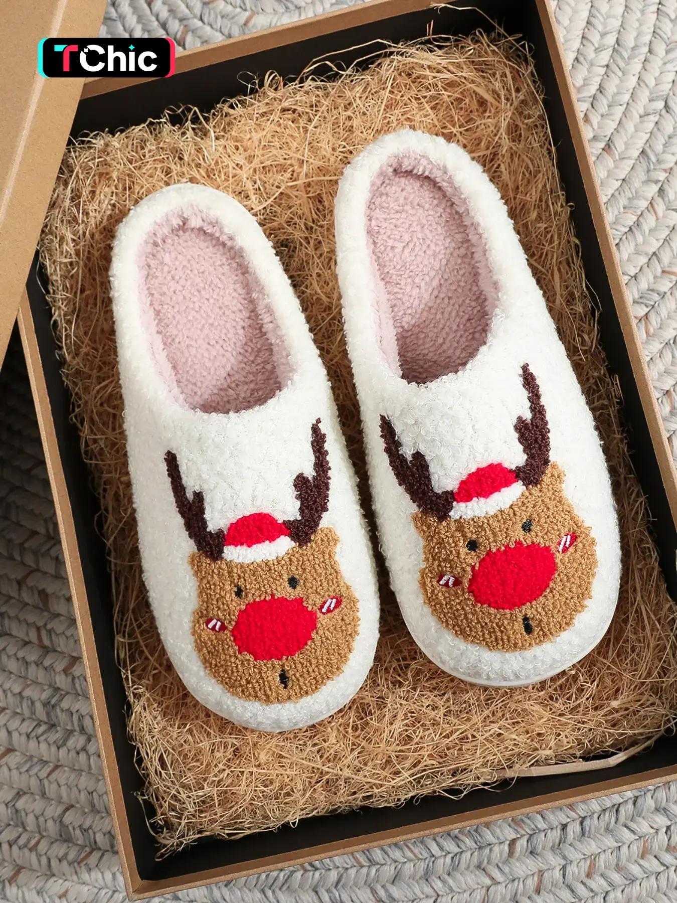 Soft Plush Christmas Slippers with Cute Reindeer Embroidery, Warm Indoor Outdoor Non-Slip Shoes for Men Women, Fall Winter Gift Idea