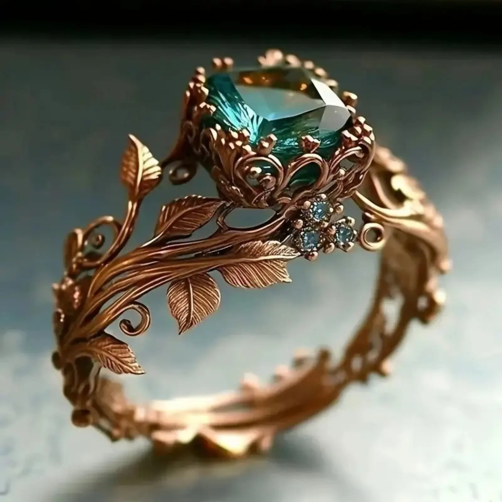 Ancient Totem Ring with Green Crystal - Men's Accessories, Accessories for Women - Energy Grounding Tribal, Ornate Filigree & Vine Designs - Statement Fantasy Jewelry