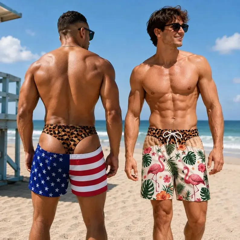 Personalized Men Swim Trunks, Funny Fake Underwear Design Beach Shorts, Novelty Contrast Print Swimwear, Hilarious Birthday Gag Gift For Him # FunnySwimTrunks # GagGiftForMen # NoveltyBeachShorts # PoolPartyOutfit