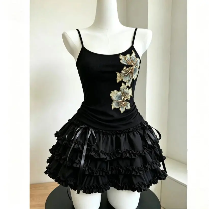 Women Lace Patchwork Sling Two Piece Outfit Y2K Punk Ruffle Cake Skirt Harajuku Trendy Daily Street Party Holiday Apparel