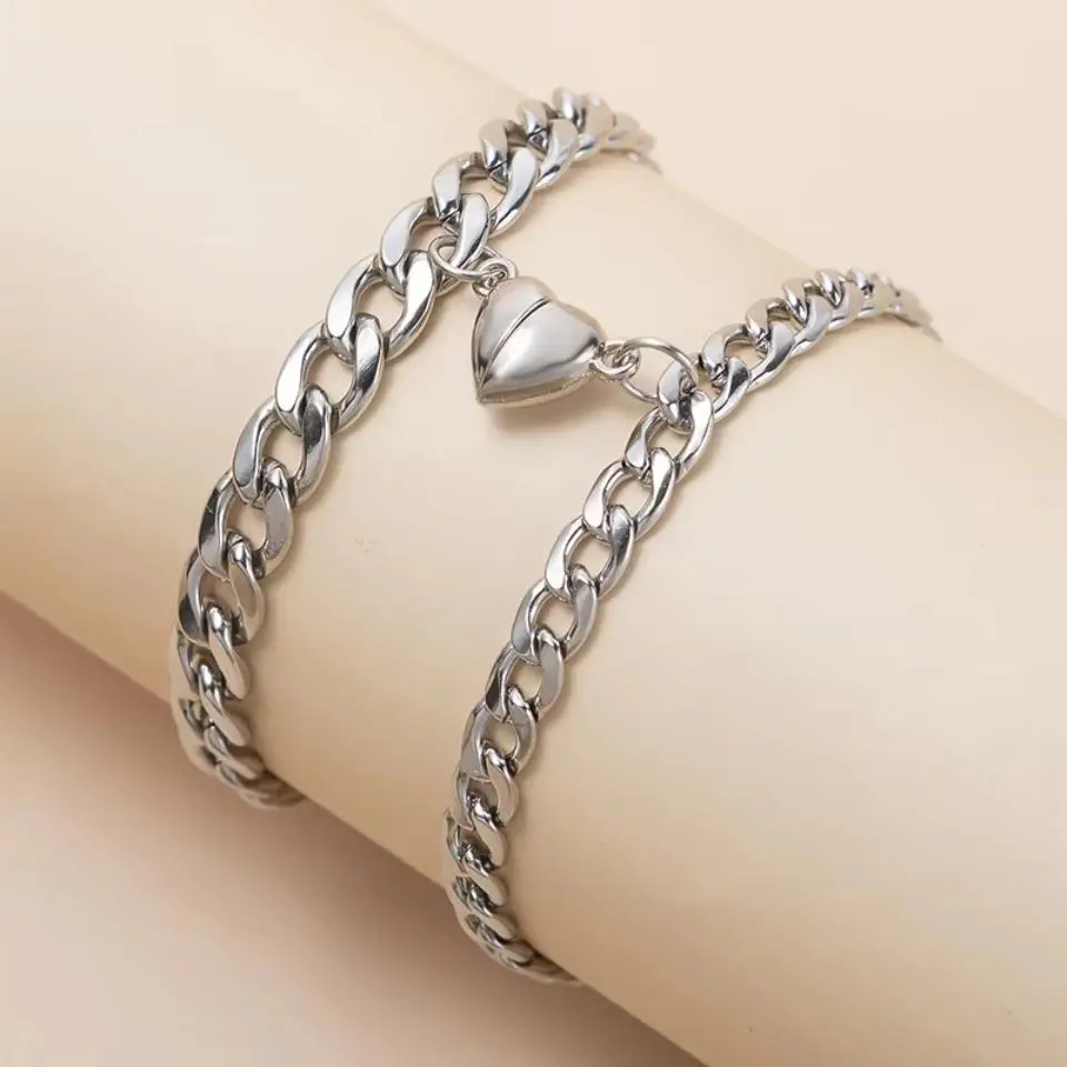 Unisex 2-Pcs/Set Magnet Couple Chain Jewelry Bracelets & Bangles, Stainless Steel Cuban Link Chain with Heart Charm, Daily Wear Key Lock Jewelry Gifts