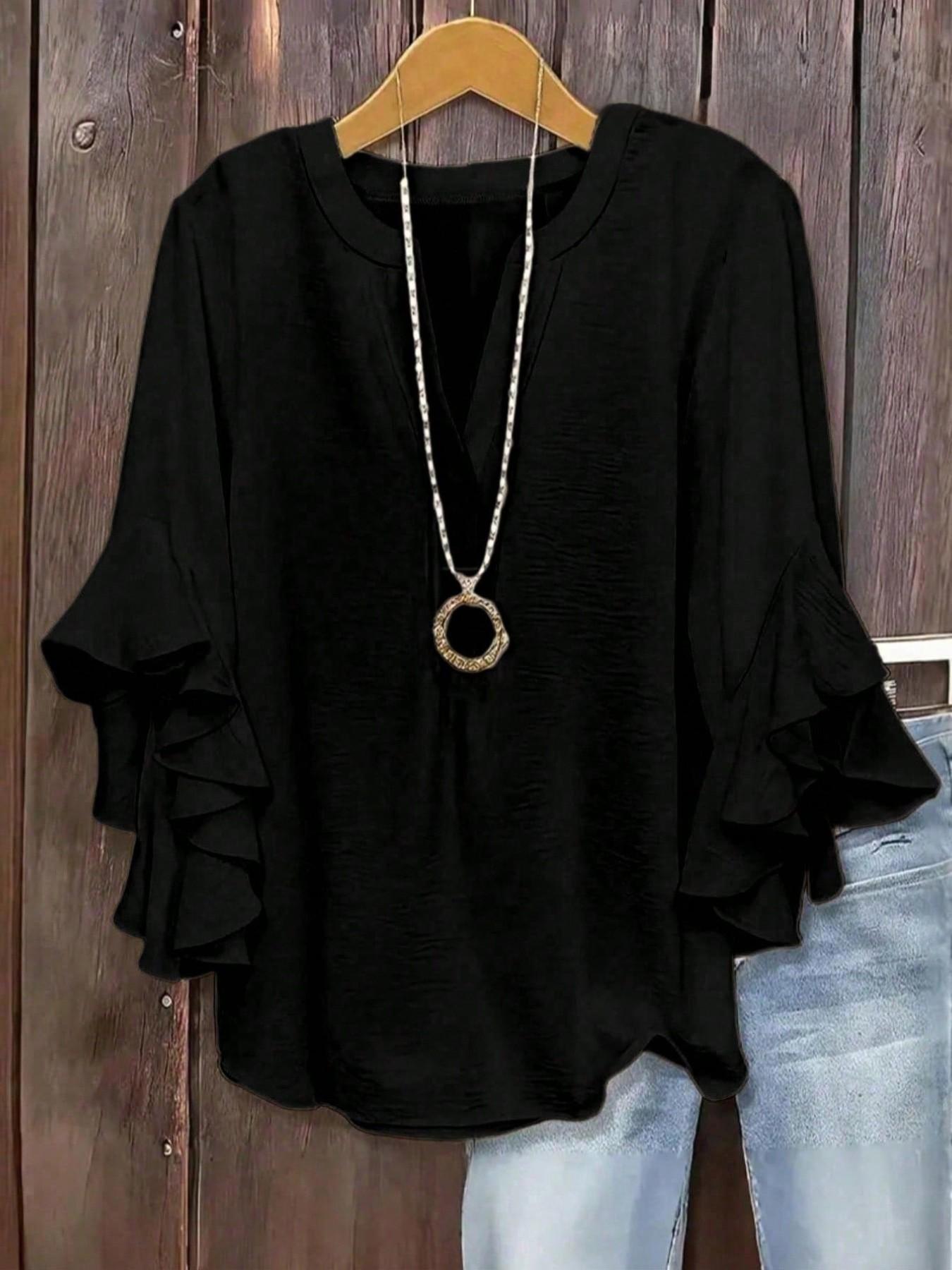 Plus Size Women's Ruffled Sleeve V-Neck Shirt Blouse, Elegant Floral Design, Comfortable and Stylish, Perfect for Casual Wear