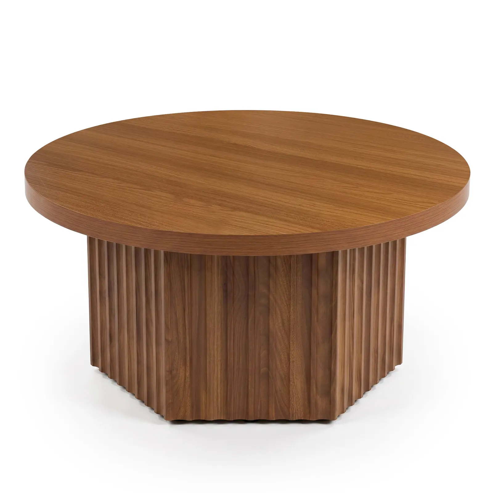 31.5" Round Coffee Table, Modern Fluted Drum Coffee Tables Wood Farmhouse Boho Accent Pedestal Center Table for Living Room, Apartment, Small Space