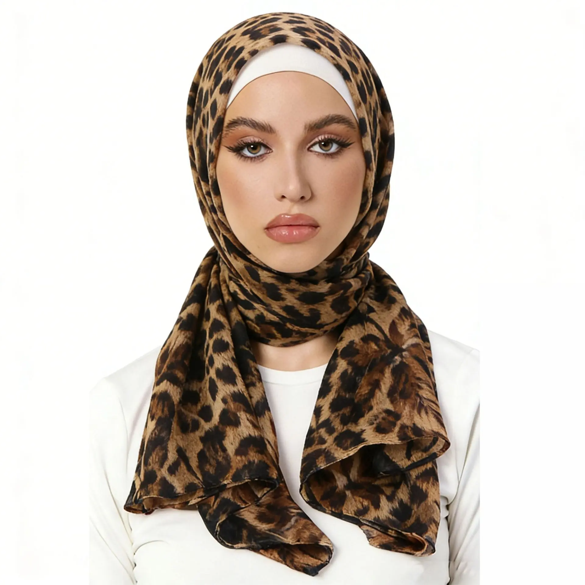 Women's 1-Size Viral Classic Leopard Print Chiffon Hijab Scarf, Long Flowy Animal Pattern Shawl, Lightweight Breathable Sports Headwrap for Daily Wear, Beach Use, One-Size