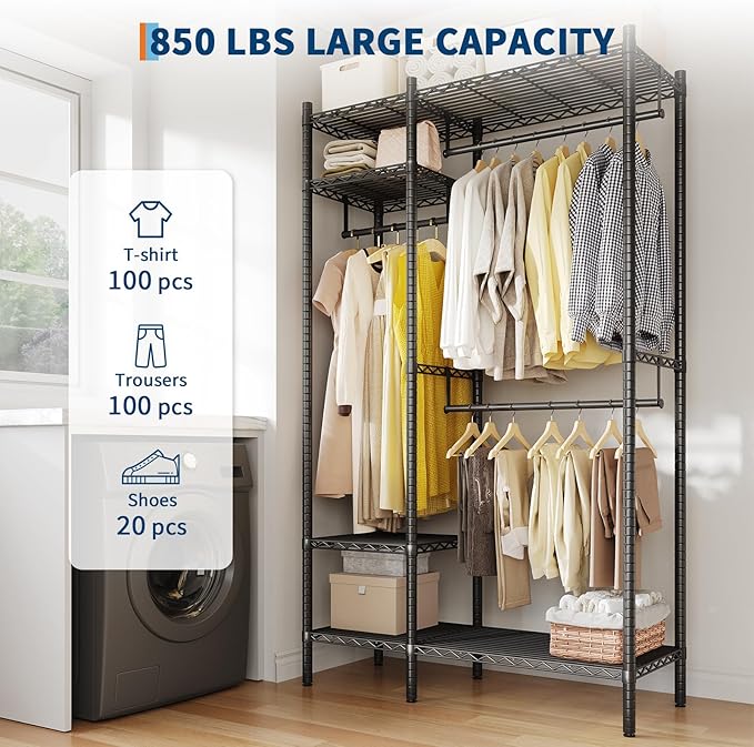 Clothing Racks for Hanging Clothes,Heavy Duty Clothes Rack with Shelves,Portable Closet Racks 4 Tiers Freestanding Closet Wardrobe System, Max Load 850 LBS