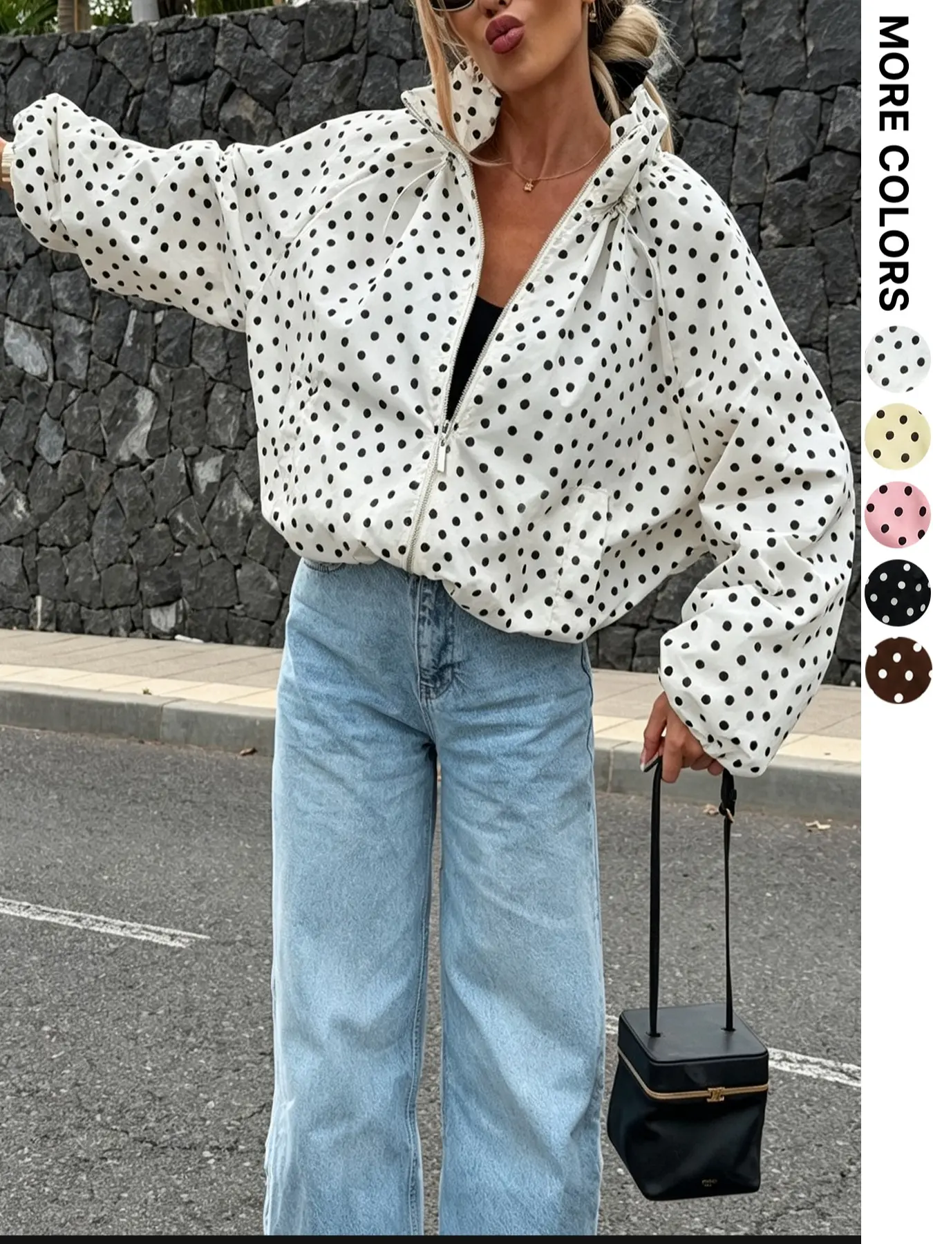 Polka Dot Loose Zipper Jacket, Bubble Long Sleeve Shirt, Lightweight Casual Everyday Outerwear, Daily Street Style Coat, Vintage Polka Dot Jacket, Breathable Commute Shirt Jacket