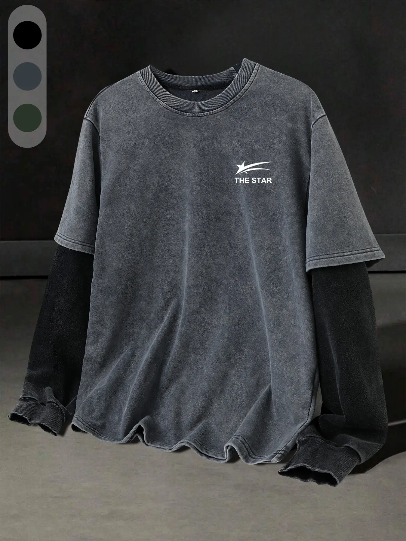 Vintage Washed Meteor Logo Fake Two-Piece Long Sleeve T-Shirt, American Retro Patchwork Layering Top, Streetwear Y2K Casual Style