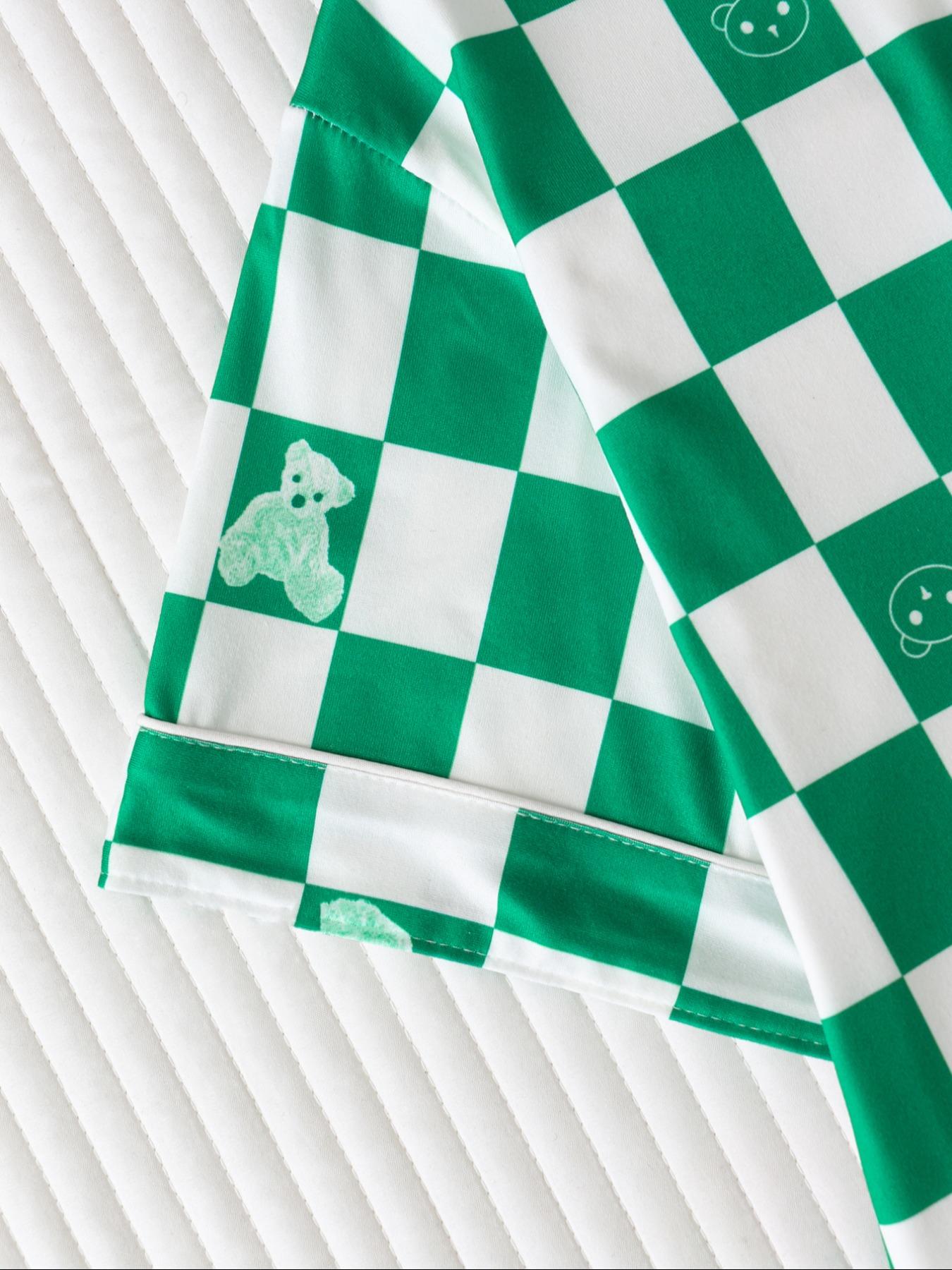 Women's Checkerboard Print Lapel Neck Pajama, Casual Comfy Short Sleeve Button Front Chest Pocket Design Top & Elastic Waist Shorts PJ Set, Ladies Summer Sleepwear Loungewear