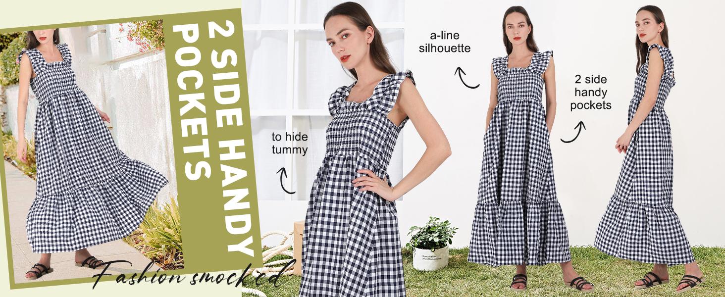 Chouyatou Women's Retro Plaid Smocked Dress Spaghetti Strap Flounce Long Casual Sleeveless Flowy Evening Fashion Basic with Pockets Womenswear Cute Elegant Sky SpringStatements Chouyatou Women's Retro Plaid Smocked Dress Spaghetti Strap Flounce Long Casual Sleeveless Flowy Evening Fashion Basic with Pockets Womenswear Cute Elegant Sky SpringStatements