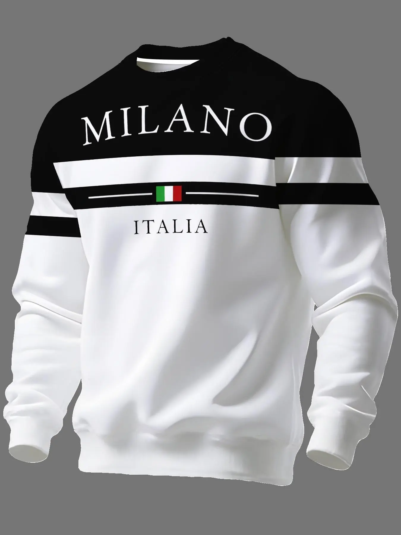 Vintage Urban Style Italian Theme Letter Print Sweatshirt, Fashionable Sweatshirts, Men's Colorblock Striped Round Neck Long Sleeve Top, Casual Fitted Pullover