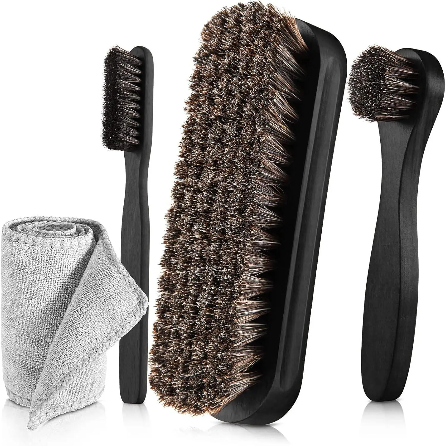 4 Pcs Horsehair Shine Shoes Brush Kit Polish Dauber Applicators Cleaning Leather Shoes Boots Care Brushes Suede Cleaner Brush with Microfiber Shoe Cloth(4 Pcs Black D)
