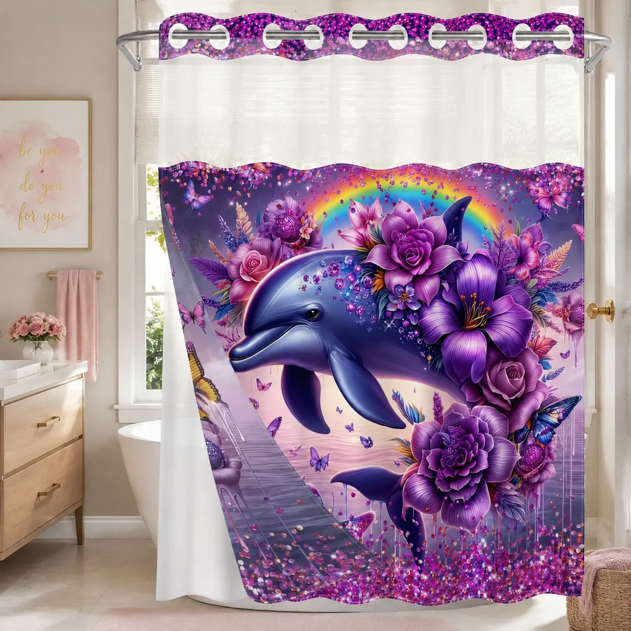 1PC 2D Flat Purple Dolphin, Rainbow, Butterfly, Floral & Glitter Pattern Double-Layer Woven Shower Curtain, No Hooks, Transparent Top Window, Removable Snap-On Liner, Dreamy Fantasy Bathroom Art Decor, Bathroom & Holiday Decoration