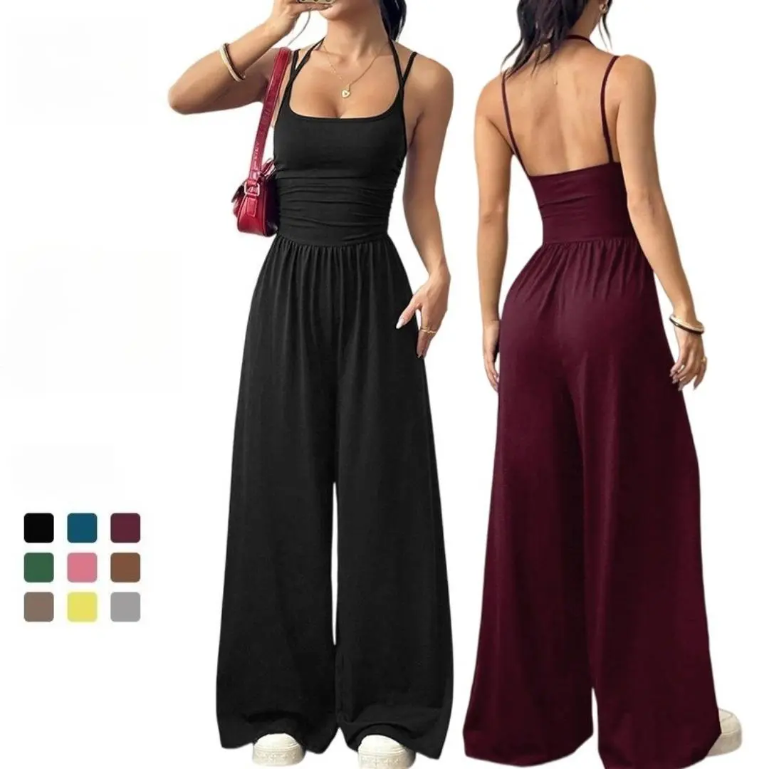 Women's Vintage Milk Silk Overalls Set - Sexy Bandeau Top, Loose-Fit Wide-Leg Pants, Adjustable Suspender Straps, Work Casual Summer Wear