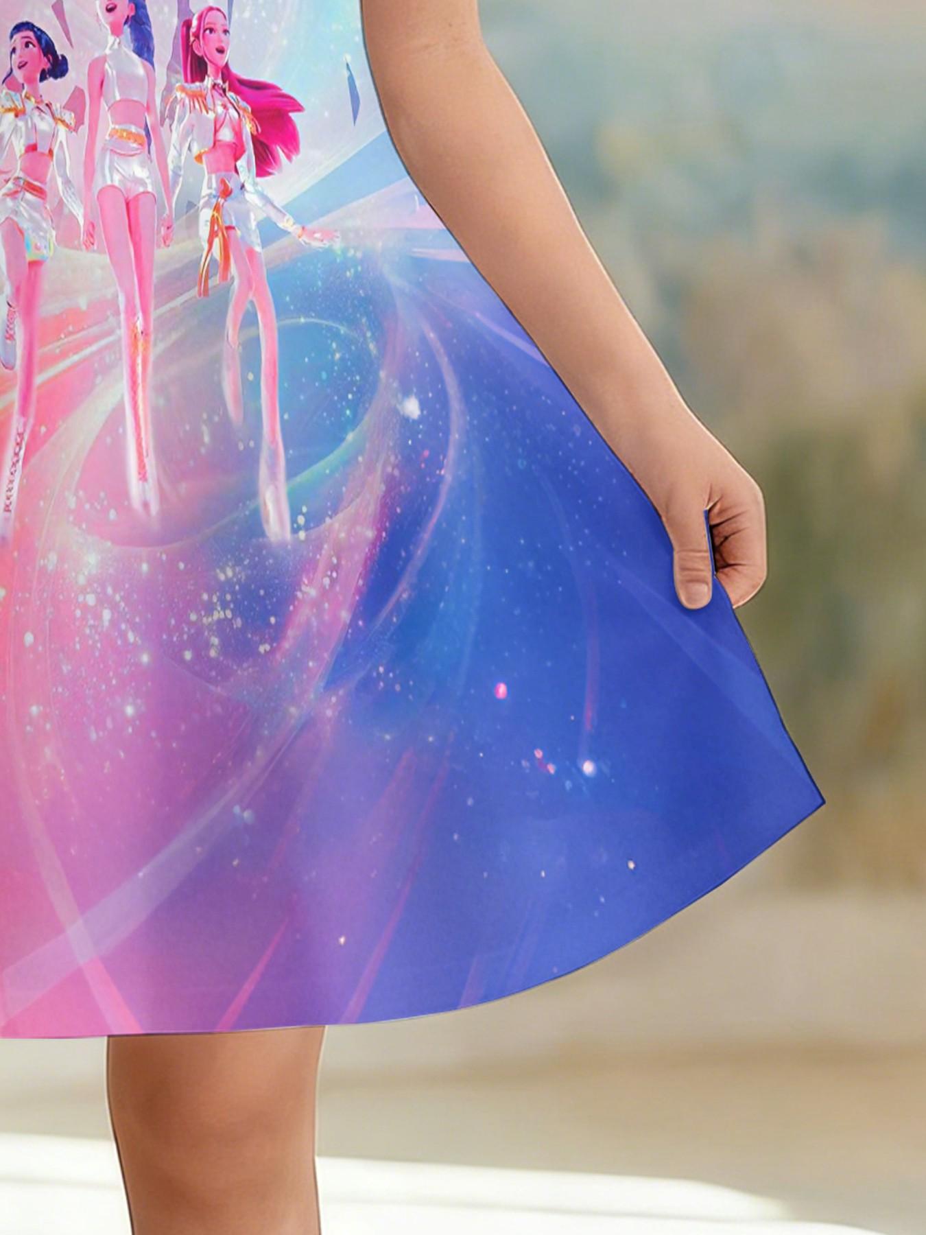 Girls' 3D Futuristic Dress, Cool Short Sleeve A-Line Dress, All over Print, Perfect Birthday Gift, Festival Gift