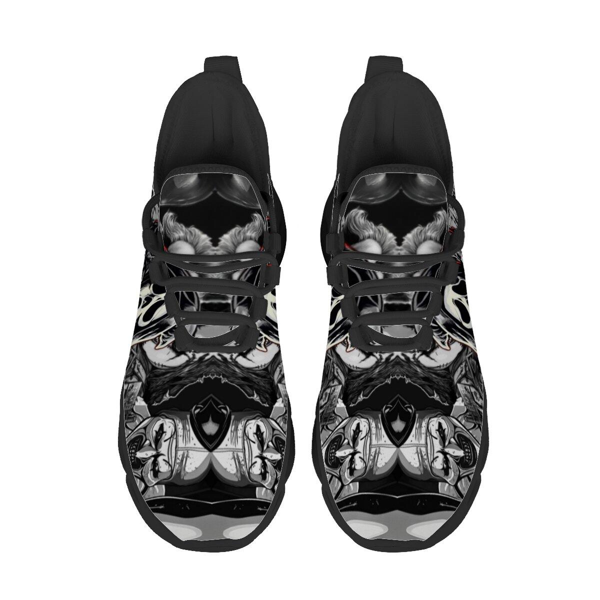 Halloween Dark Horror Mask Character Art Blade Sneakers Man Woman Hollow Wave Cushion Sole Mesh Running Shoes Monochrome Thriller Figure Collage Print Gothic Halloween Punk Casual Athletic Trainers For Men Women