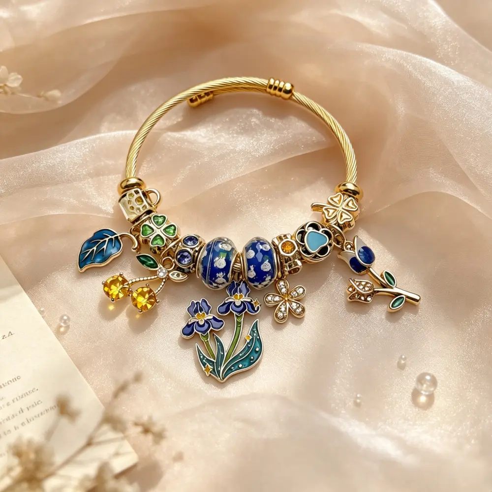 Vintage Oil Painting Style DIY Beaded Bracelet for Women – Featuring Blue Iris, Tulip, and Four-Leaf Clover Charms; Versatile and Girlish Accessory