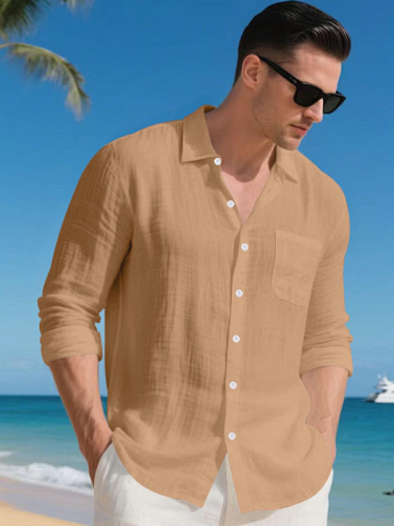 Men's Summer Linen Spread Collar Long Sleeve Shirts! Loose fit for all body types, breathable and skin-friendly without sweatiness, perfect for beach vacations, office wear, and versatile multi-scene outfits