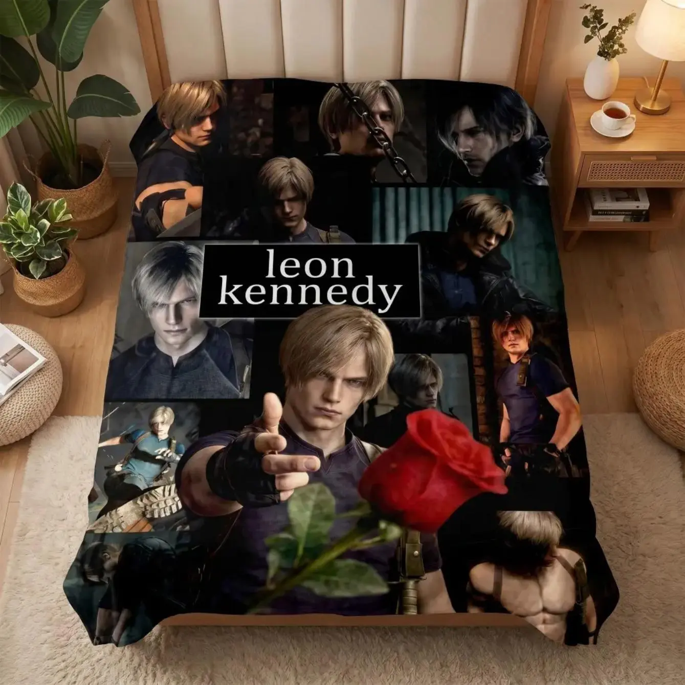 Leon Kennedy Resident Evil 4 Collage Flannel Blanket - RE4 Remake Red Rose Character Print, Polyester Skin-Friendly Soft Warm Throw for Gamers, Home Decor (Sofa Bedroom), Home Travel Indoors Outdoors, Ideal Birthday Christmas Gift