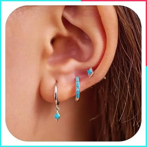 3 Pairs Turquoise Cubic Zirconia Mini Huggie Hoop Earrings Set for Women - Cartilage Earrings & Ear Cuffs