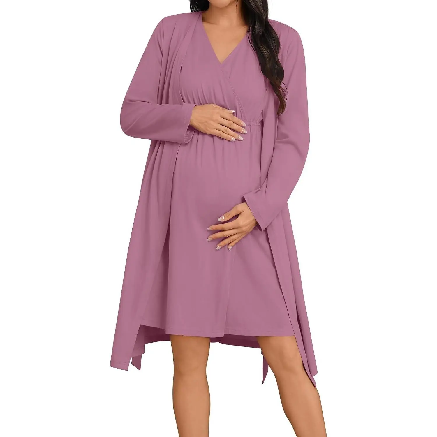 Women 100% Cotton Maternity Nursing Gown and Robe Set 3 in 1 Labor Postpartum Soft Nightgown for Breastfeeding