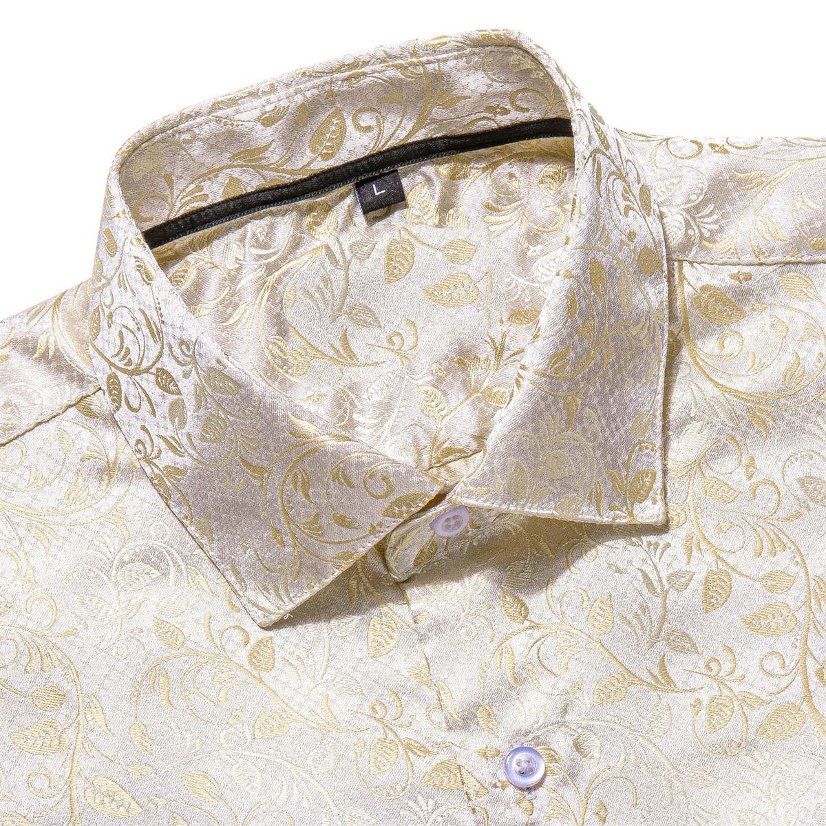 AILISUS Men's Collared Long Sleeve Dress Shirt - Menswear Top, Lightweight Basic Luxury Champagne Gold Floral Printed Button-Down for Daily Leisure, Formal-Casual Wear