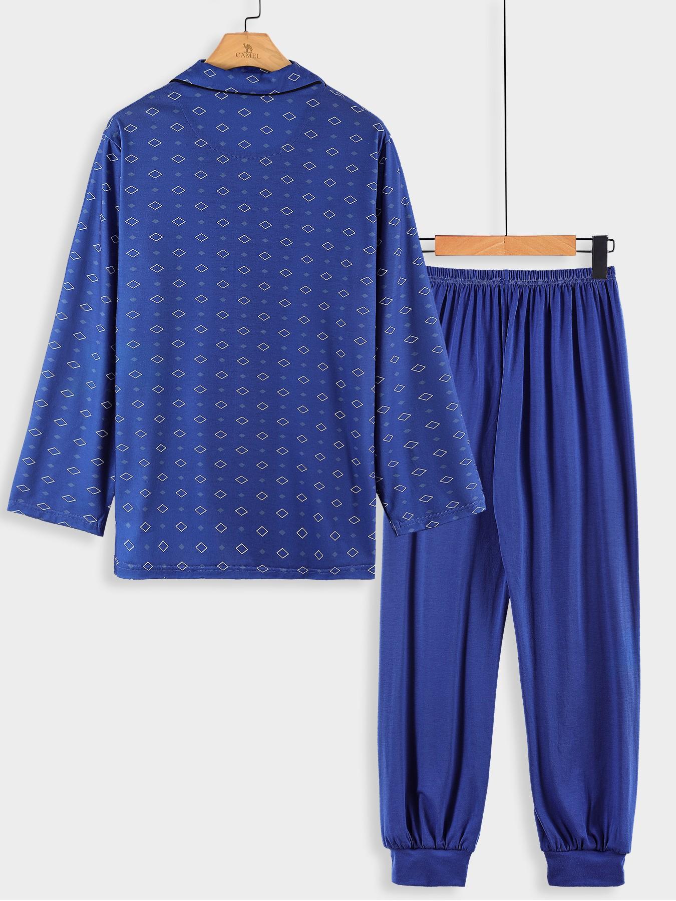 Men's Navy Blue Geometric Print 2-Piece Pajama Set - Notch Collar Button-Down Shirt + Elastic Cuff Pants, Soft Breathable Fabric, Relaxed Fit for At-Home Lounging, Sleep & Lazy Weekends