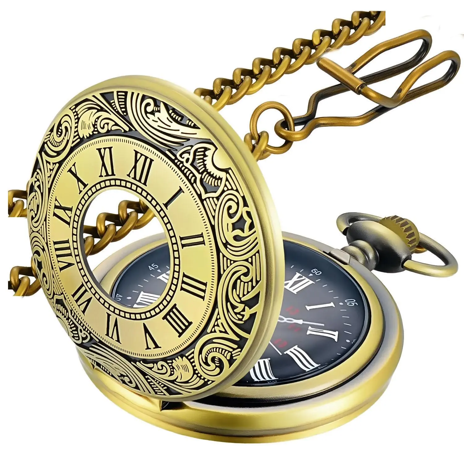 Vintage Pocket Watch Roman Numerals Scale Quartz Pocket Watches with Chain