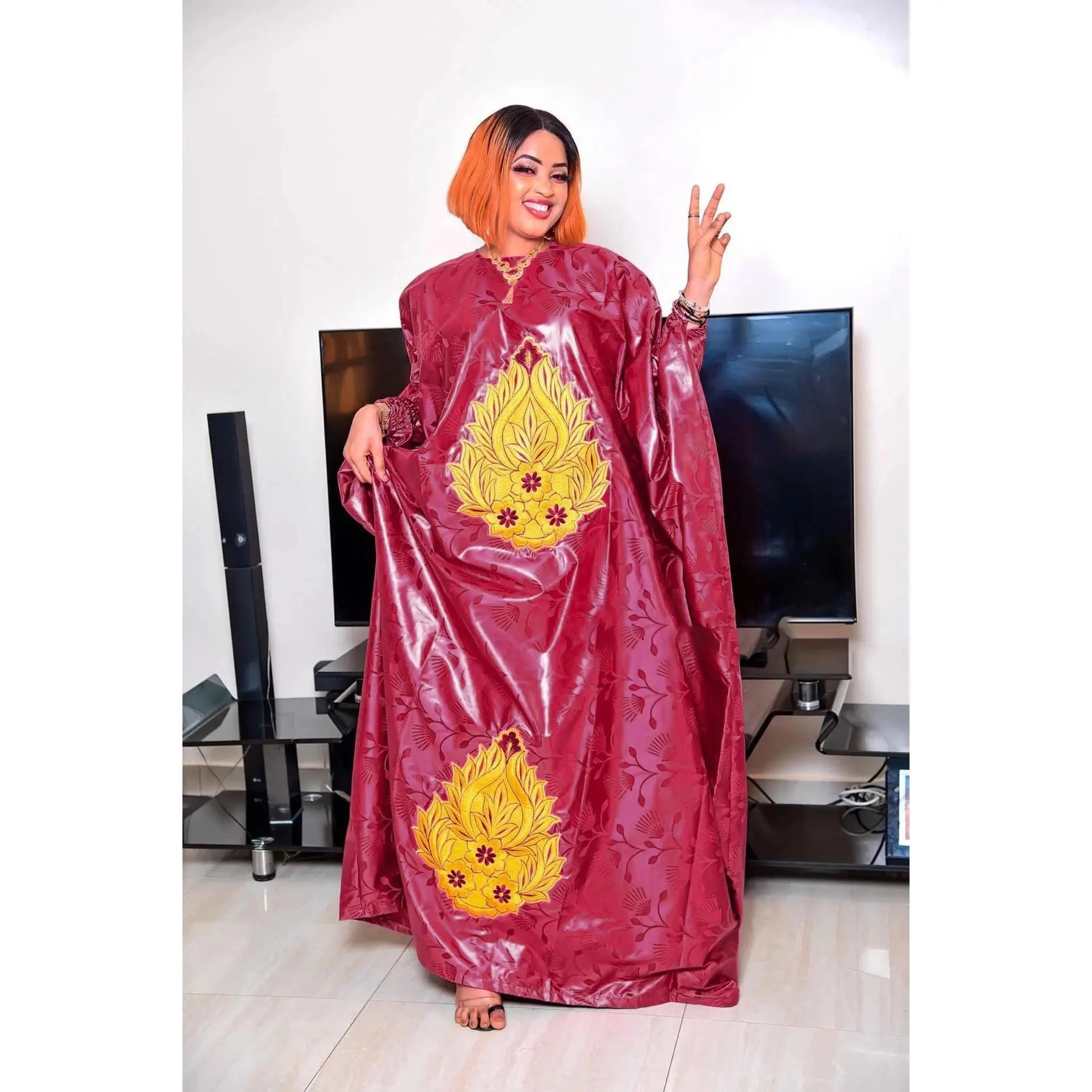 African Dress For Woman Plus Size Dress Bazin Riche Embroidery With Floor Long Dress With Scarf