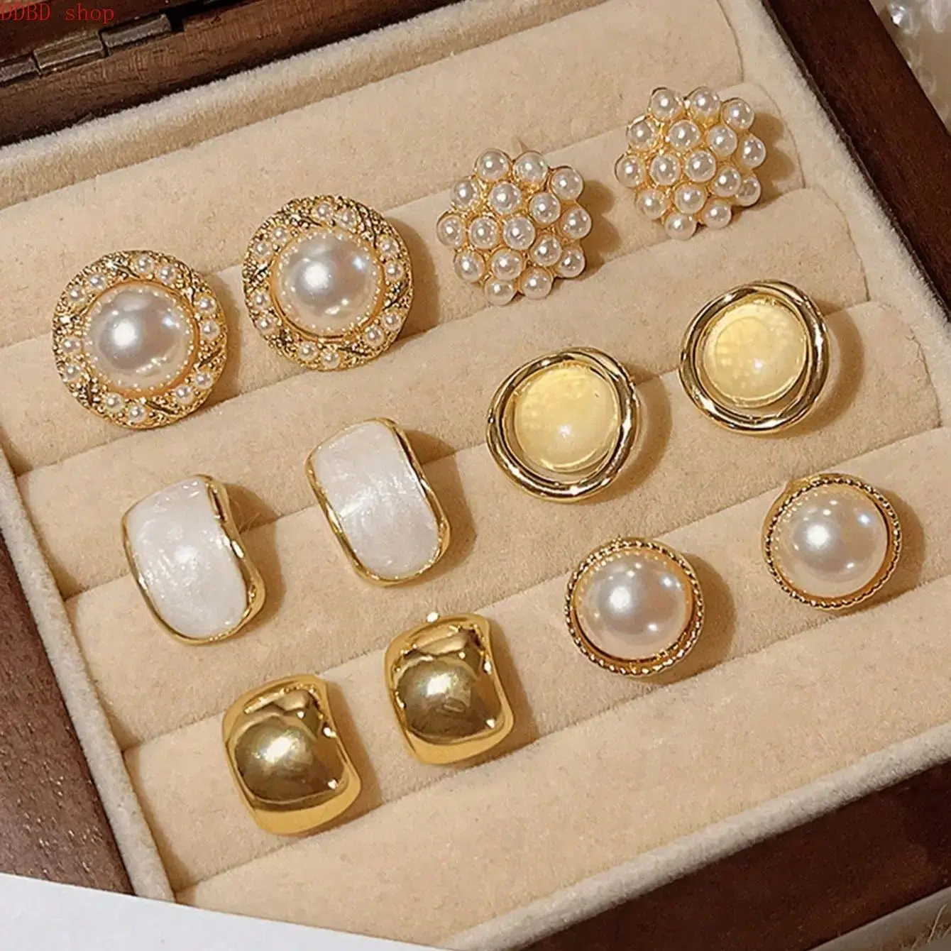 6-Pair Retro Elegant Hong Kong Style Fashion Glossy Round Artificial Pearl Square Round Ear Stud Earrings Set, Pearls Earrings, Dainty Earrings