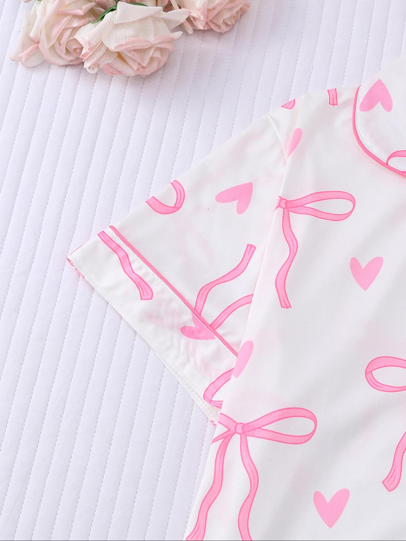 Women's Bowknot Printed Pyjama Set, Casual Outdoor Wear, Soft Shirt & Elastic Shorts, All-Season Comfortable Home Clothing, Loungewear