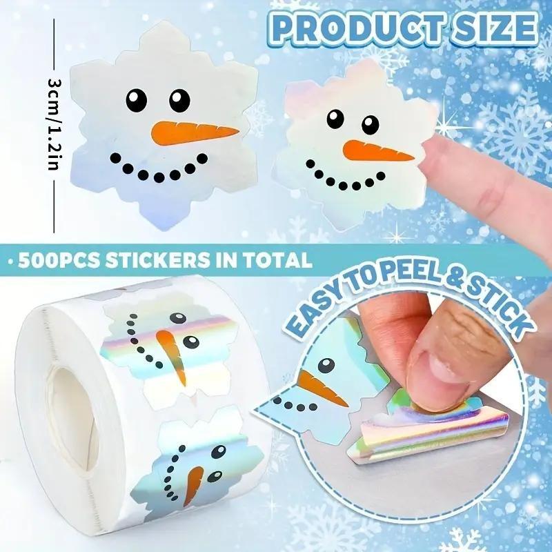 1 Roll/500pcs Rainbow Snowflake Stickers, Holographic Christmas Winter Decor, Snowman Tree Clouds, Party Card Making Material