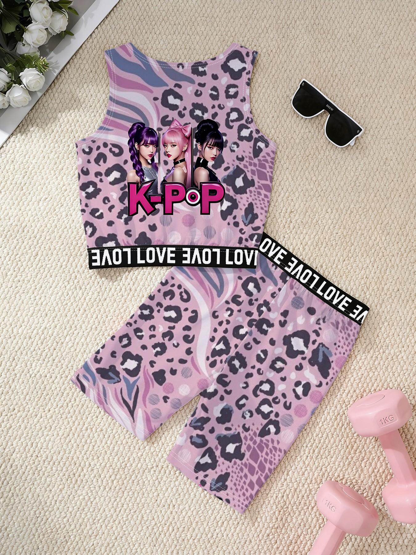 K-POP Girls Leopard Print Yoga Set, 3D Pink Leopard Girl Group Sleeveless Tank Top + Yoga Shorts Print, Comfortable Quick Dry Activewear, Suitable for Dance Sports Daily Wear